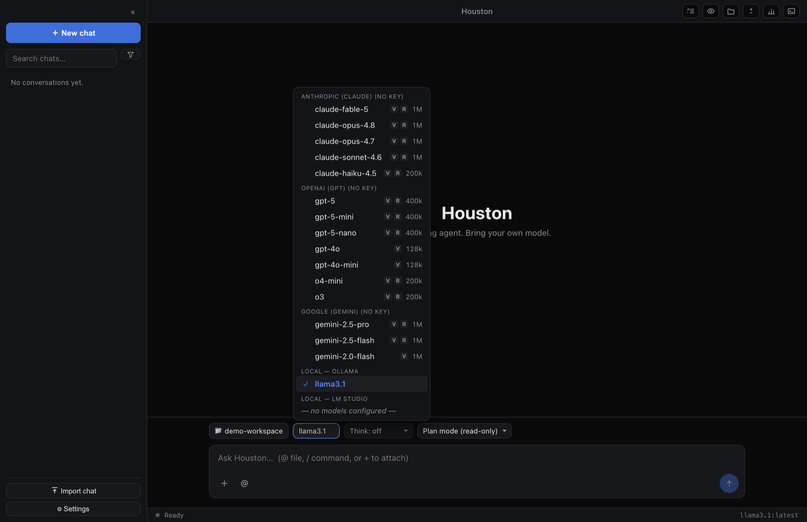 Houston's model picker open, listing Anthropic Claude, OpenAI GPT, Google Gemini, and local Ollama models, each row showing vision and reasoning capability badges and its context-window size.